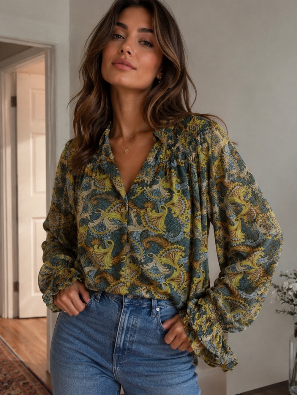 Cinq a Sept Printed Long-Sleeve V-Neck Blouse in Olive & Mustard